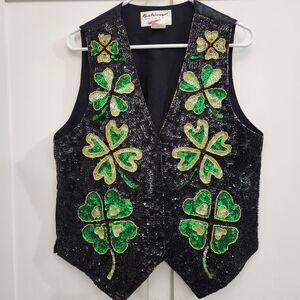 Vintage St Patricks Day M Sequin Vest Shamrock Irish Parade Costume Entertainer